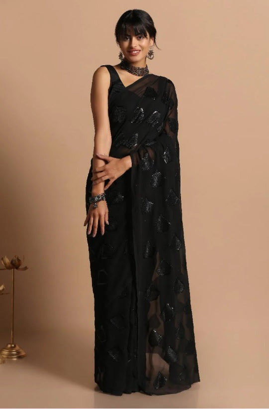 Wedding Wear Black Pure Georgette Sequence & Thread Work Saree Blouse For Women