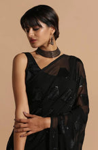 Load image into Gallery viewer, Wedding Wear Black Pure Georgette Sequence &amp; Thread Work Saree Blouse For Women

