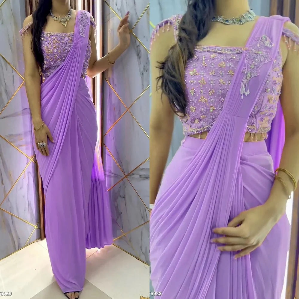 Dark Lavender Ready to Wear 1 Min Ruffle Work Saree with Stitched Blouse