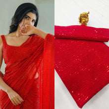 Load image into Gallery viewer, Attractive Party Wear Wine Colour Mono Net Fabric Embroidery Work Saree
