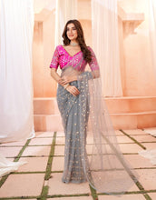 Load image into Gallery viewer, Soft Net Grey Sequence Work Saree For Party Wear
