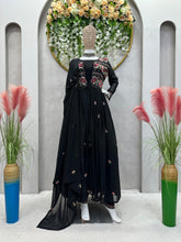 Load image into Gallery viewer, Glamorous Black Colour Full Stitch Georgette Gown With Embroidery Worked Shrug
