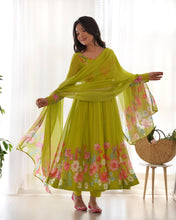 Load image into Gallery viewer, Green Organza Silk Printed Jari Work Anarkali Gown Set With Pant Dupatta
