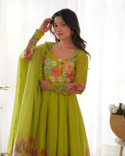 Load image into Gallery viewer, Green Organza Silk Printed Jari Work Anarkali Gown Set With Pant Dupatta
