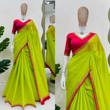 Load image into Gallery viewer, Parrot Green Georgette Fancy Lace With Heavy Tussels Pallu Saree
