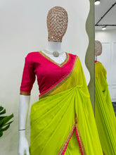 Load image into Gallery viewer, Parrot Green Georgette Fancy Lace With Heavy Tussels Pallu Saree
