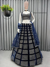 Load image into Gallery viewer, Navy Blue Soft Velvet Sequence Embroidered Designer Lehenga Choli
