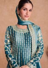 Load image into Gallery viewer, Stylish Sea Grey Georgette Embroidery Work Full Stitched Kriz Plazzo Suit
