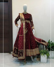 Load image into Gallery viewer, Maroon Color Velvet Embroidered Ready To Wear Gown
