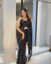 Load image into Gallery viewer, Black Georgette Heavy Sequence Work Party Wear Saree
