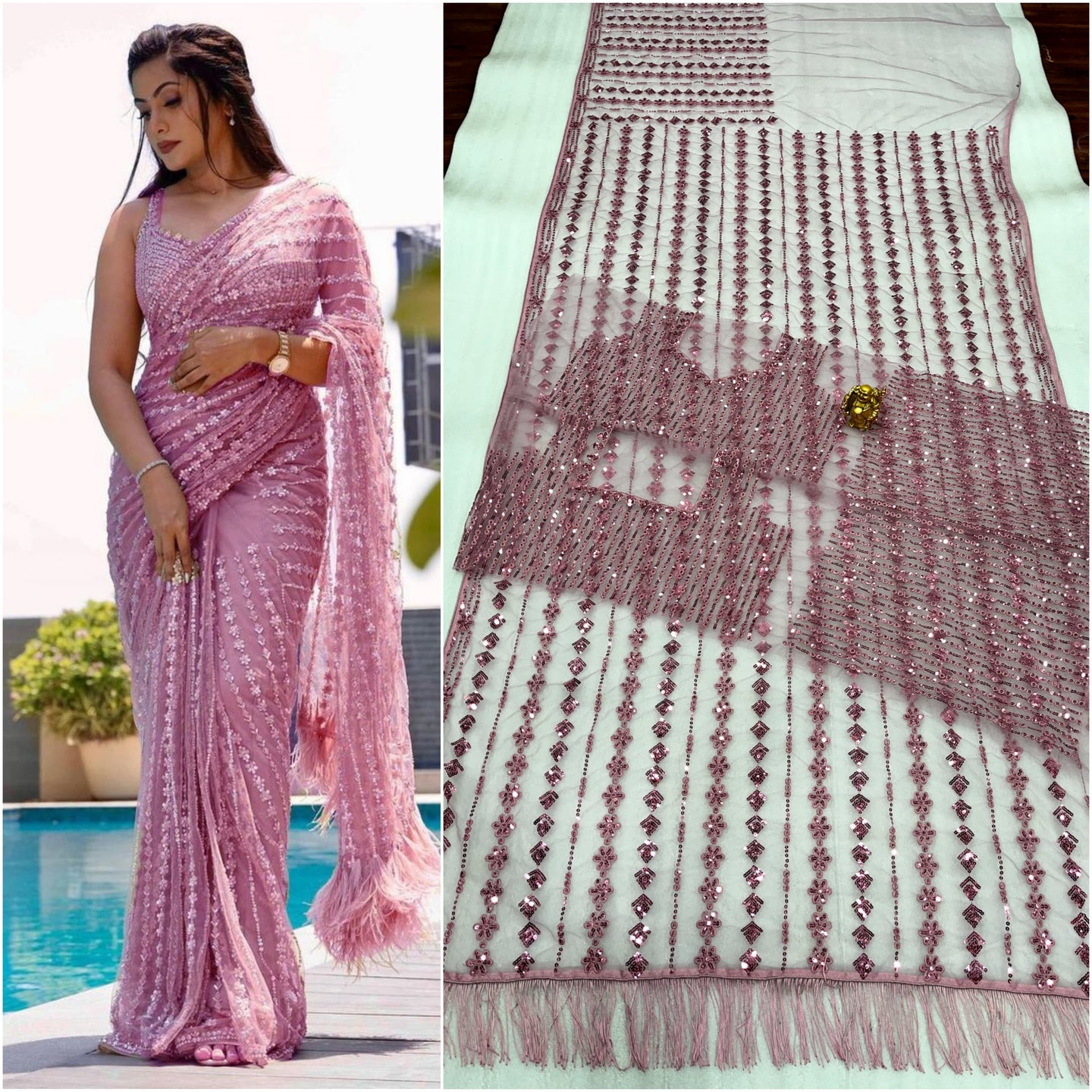 Perfect Pink Soft Net Sequence Work Fancy Designer Saree With Embroidered Blouse