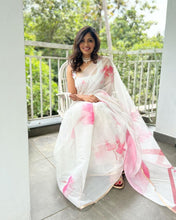 Load image into Gallery viewer, Dashing White Color Sof Organza Silk Print n Foil Hand Work Saree Blouse
