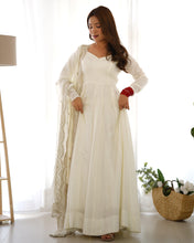 Load image into Gallery viewer, Off White Chanderi Silk Stitched Anarkali Gown with Fancy Cut Work Dupatta
