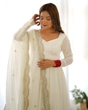 Load image into Gallery viewer, Off White Chanderi Silk Stitched Anarkali Gown with Fancy Cut Work Dupatta
