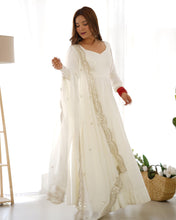 Load image into Gallery viewer, Off White Chanderi Silk Stitched Anarkali Gown with Fancy Cut Work Dupatta
