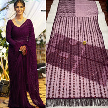 Load image into Gallery viewer, Party Wear Wine Colour Mono Net Fabric Embroidery Work Saree
