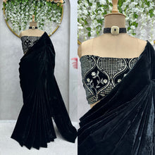 Load image into Gallery viewer, Black Velvet Saree with Work Blouse
