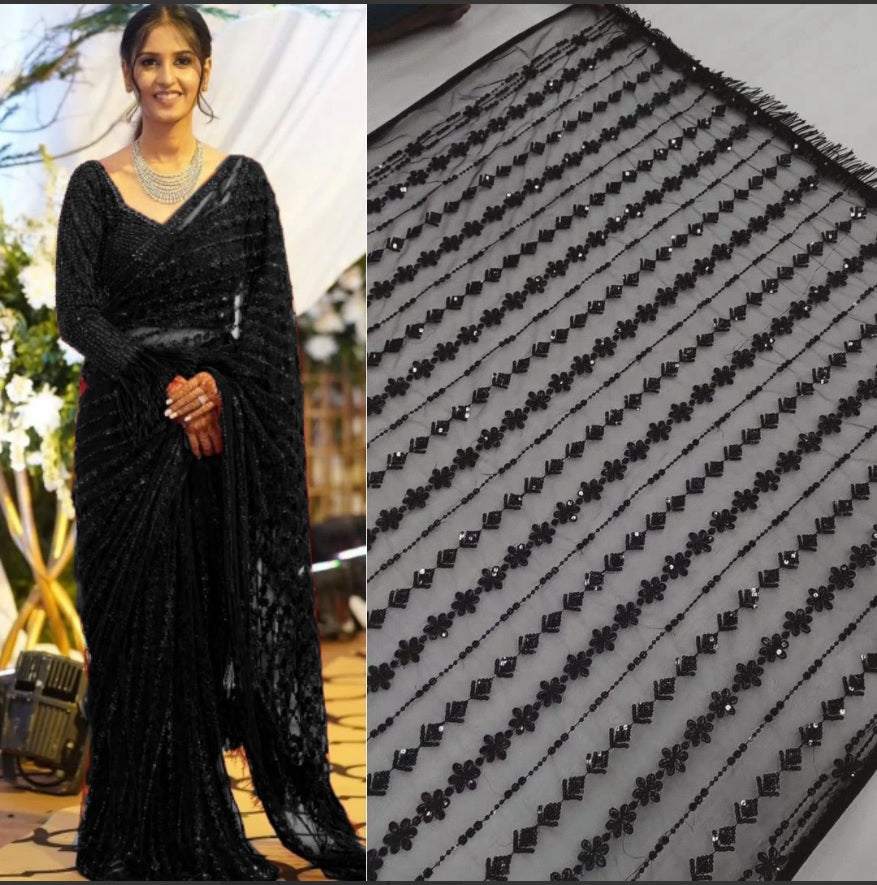 Black Color Soft Net Sequence Work Designer Saree With Embroidered Blouse
