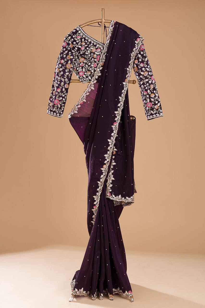 Amazing Purple Colour Jimmy chu Fabric with Thread Work Saree