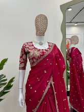 Load image into Gallery viewer, Beautiful Heavy Tissu Silk Fabric Thread Sequence Work With Fancy Lace Saree
