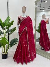 Load image into Gallery viewer, Beautiful Heavy Tissu Silk Fabric Thread Sequence Work With Fancy Lace Saree
