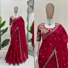 Load image into Gallery viewer, Beautiful Heavy Tissu Silk Fabric Thread Sequence Work With Fancy Lace Saree
