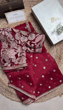 Load image into Gallery viewer, Beautiful Heavy Tissu Silk Fabric Thread Sequence Work With Fancy Lace Saree
