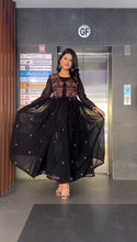 Load image into Gallery viewer, Glamorous Black Colour Full Stitch Georgette Gown With Embroidery Worked Shrug
