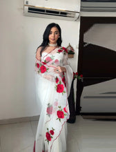 Load image into Gallery viewer, Ready to Wear 1 Min. Designer White Flower Work Silk Saree
