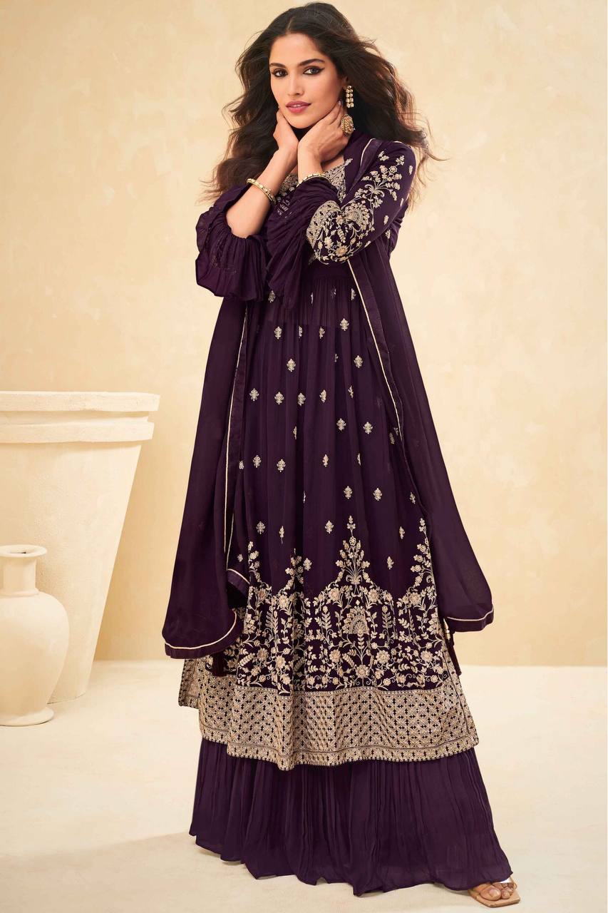 Astonishing Wine Color Party Wear Georgette Embroidered Work Indo Western Suit