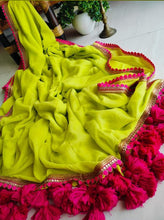 Load image into Gallery viewer, Parrot Green Georgette Fancy Lace With Heavy Tussels Pallu Saree
