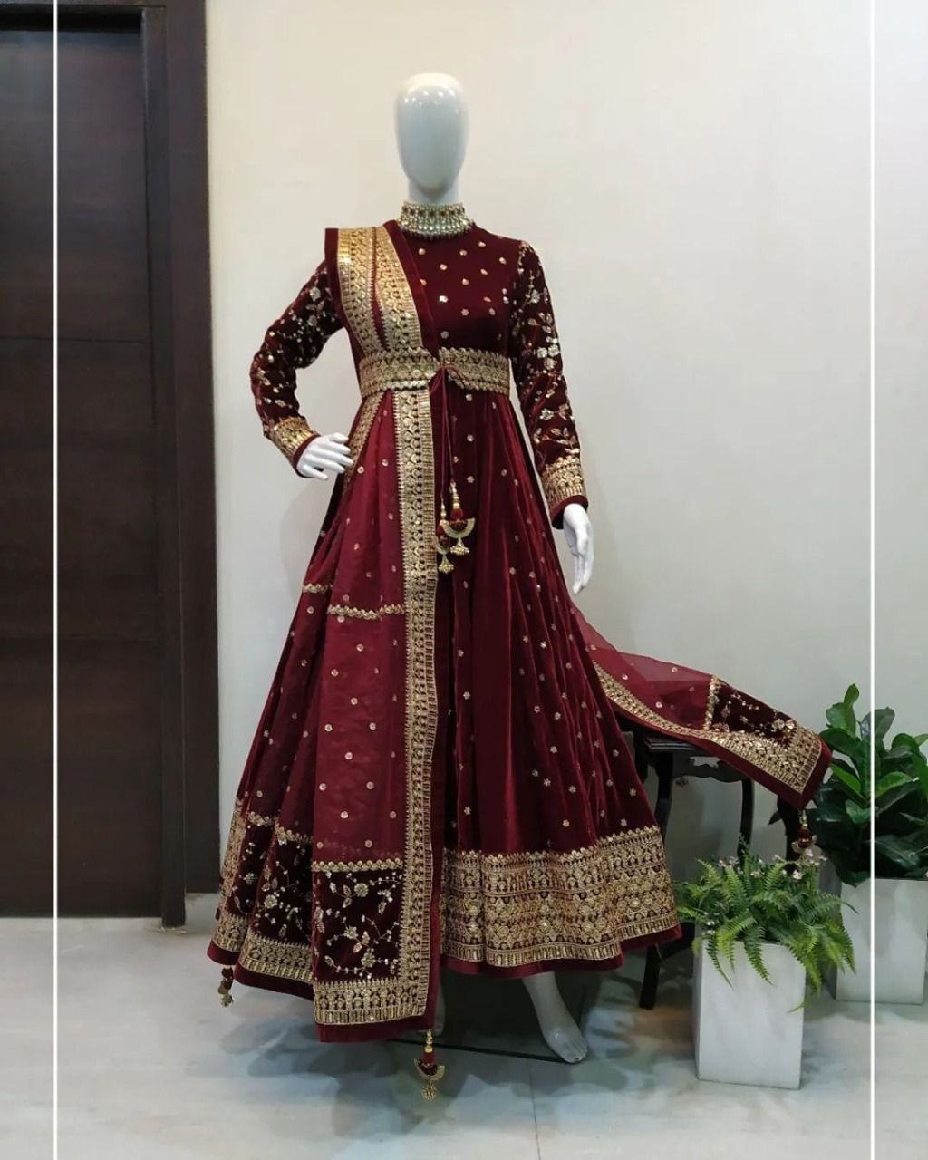 Maroon Velvet Sequence Work Full Stitched Gown with Dupatta