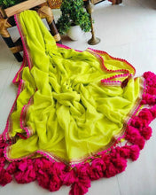 Load image into Gallery viewer, Yellow Color Mul Cotton Stuff Fancy Lace With Heavy Latkan Pallu Saree
