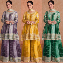 Load image into Gallery viewer, Full Stitched Designer Chinon Silk Plazo Sharara Suit
