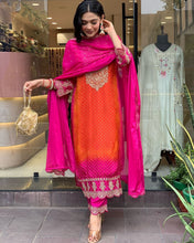 Load image into Gallery viewer, Pink Orange Chinon Silk  Sequence &amp; Real Mirror Work Straight Suit Set
