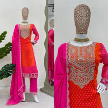 Load image into Gallery viewer, Pink Orange Chinon Silk  Sequence &amp; Real Mirror Work Straight Suit Set
