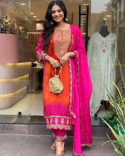 Load image into Gallery viewer, Pink Orange Chinon Silk  Sequence &amp; Real Mirror Work Straight Suit Set
