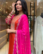 Load image into Gallery viewer, Pink Orange Chinon Silk  Sequence &amp; Real Mirror Work Straight Suit Set
