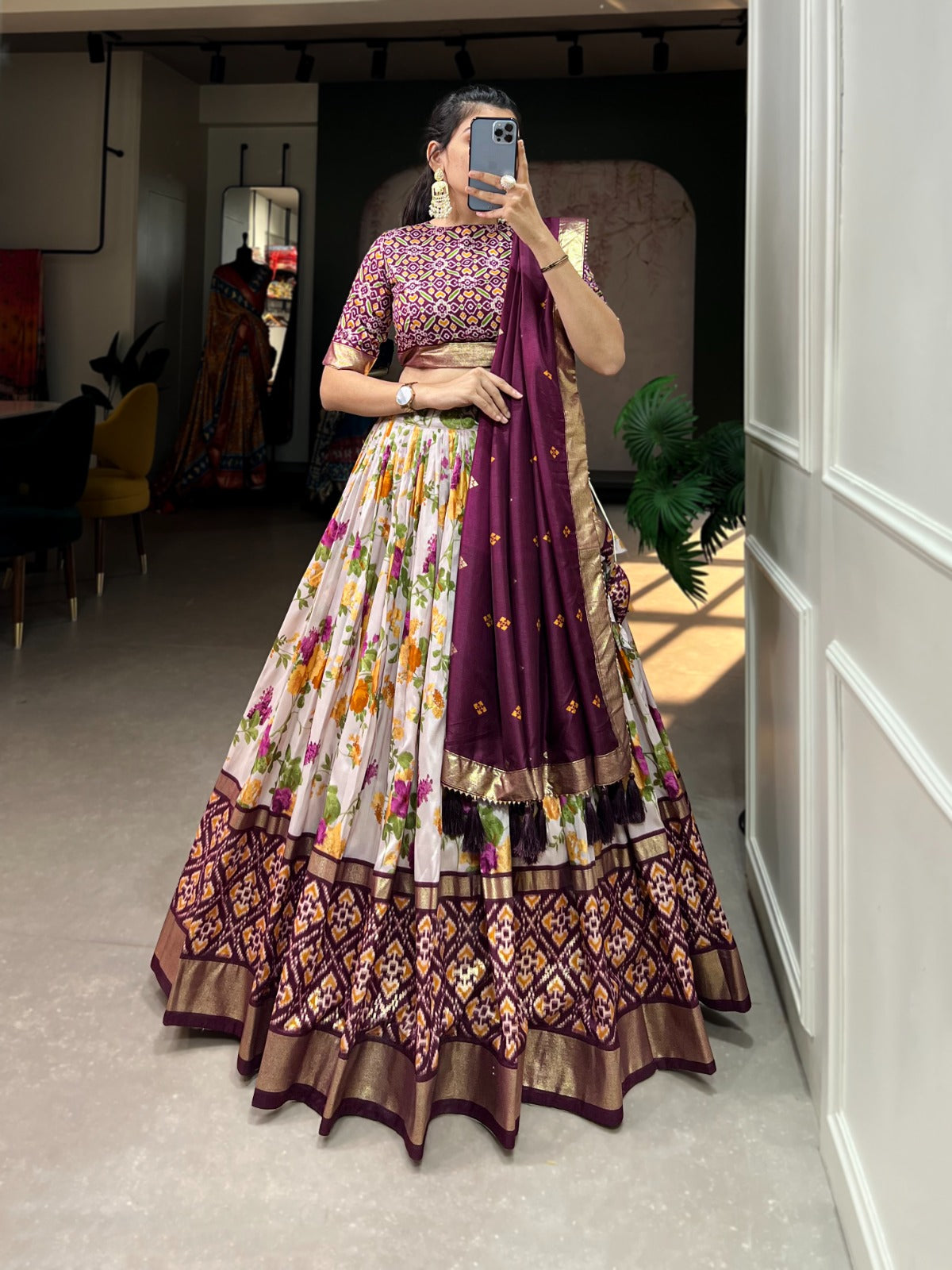 Designer Tusser Silk Floral & Patola Print Lehenga Choli