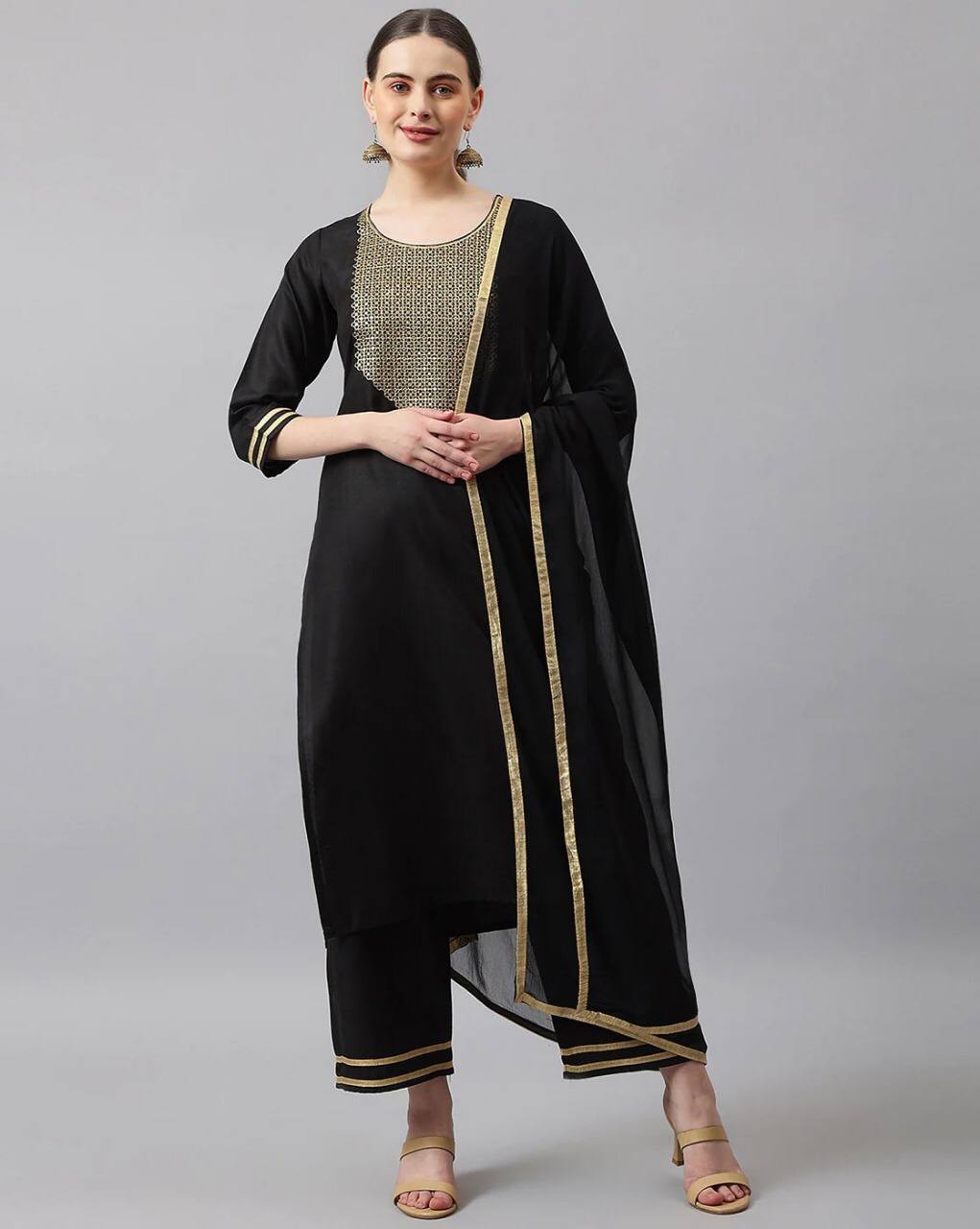 Pleasing Black Color Rayon Embroidered Zari Work Style Ready Made Salwar Suit