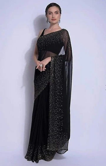 Gorgeous Black Color Georgette Silk Diamond Work Border Saree Blouse For Women