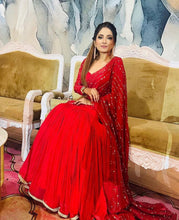 Load image into Gallery viewer, Red Color Faux Georgette Semi Stitched Lehenga Saree
