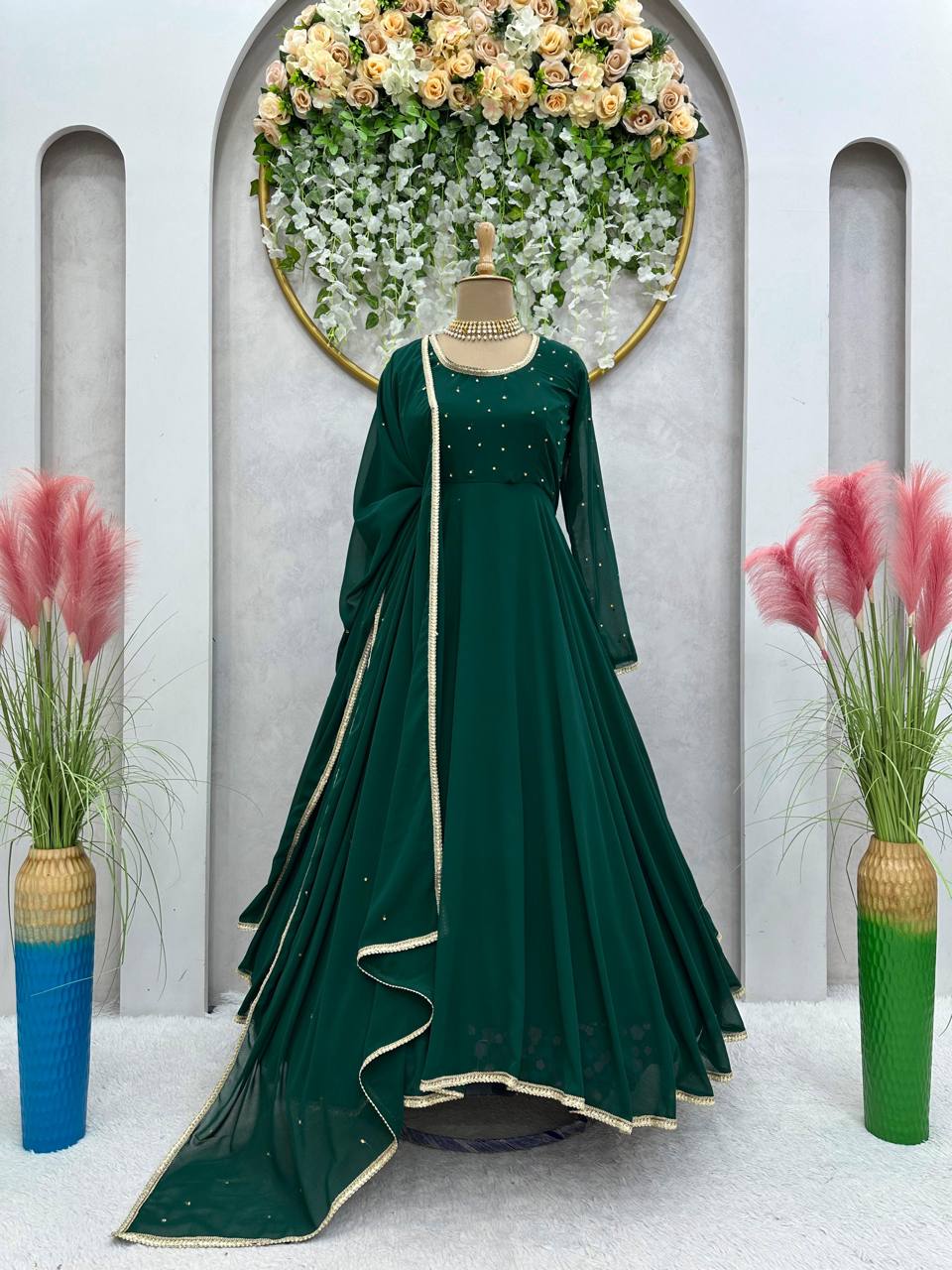Amezing Green Colour Full Stiched Moti Worked Gown With Beautiful Lace