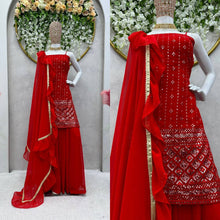 Load image into Gallery viewer, Fancy Sleev Less Red Colour Full Stiched Sarara Suit
