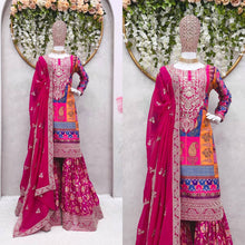 Load image into Gallery viewer, Designer Pink Colour Thread And Sequence Worked Full Stiched Sharara Suit With Georgette Duppata
