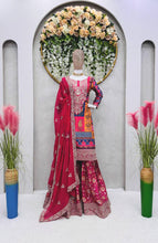 Load image into Gallery viewer, Designer Pink Colour Thread And Sequence Worked Full Stiched Sharara Suit With Georgette Duppata
