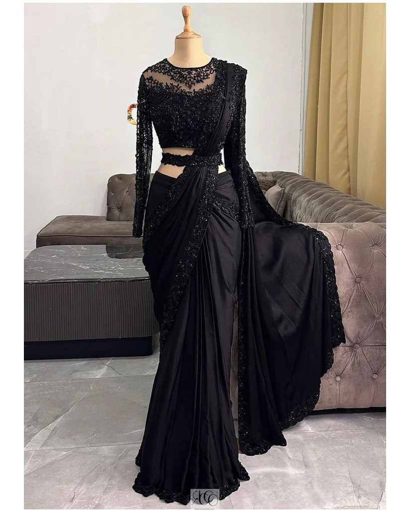 Amazing Black Color Satin Silk Sequence Work Saree Blouse