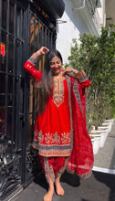 Load image into Gallery viewer, Red Colour Pinted And Embroidary Sequence Worked Stiched Dhoti Suit With Printed Duppta
