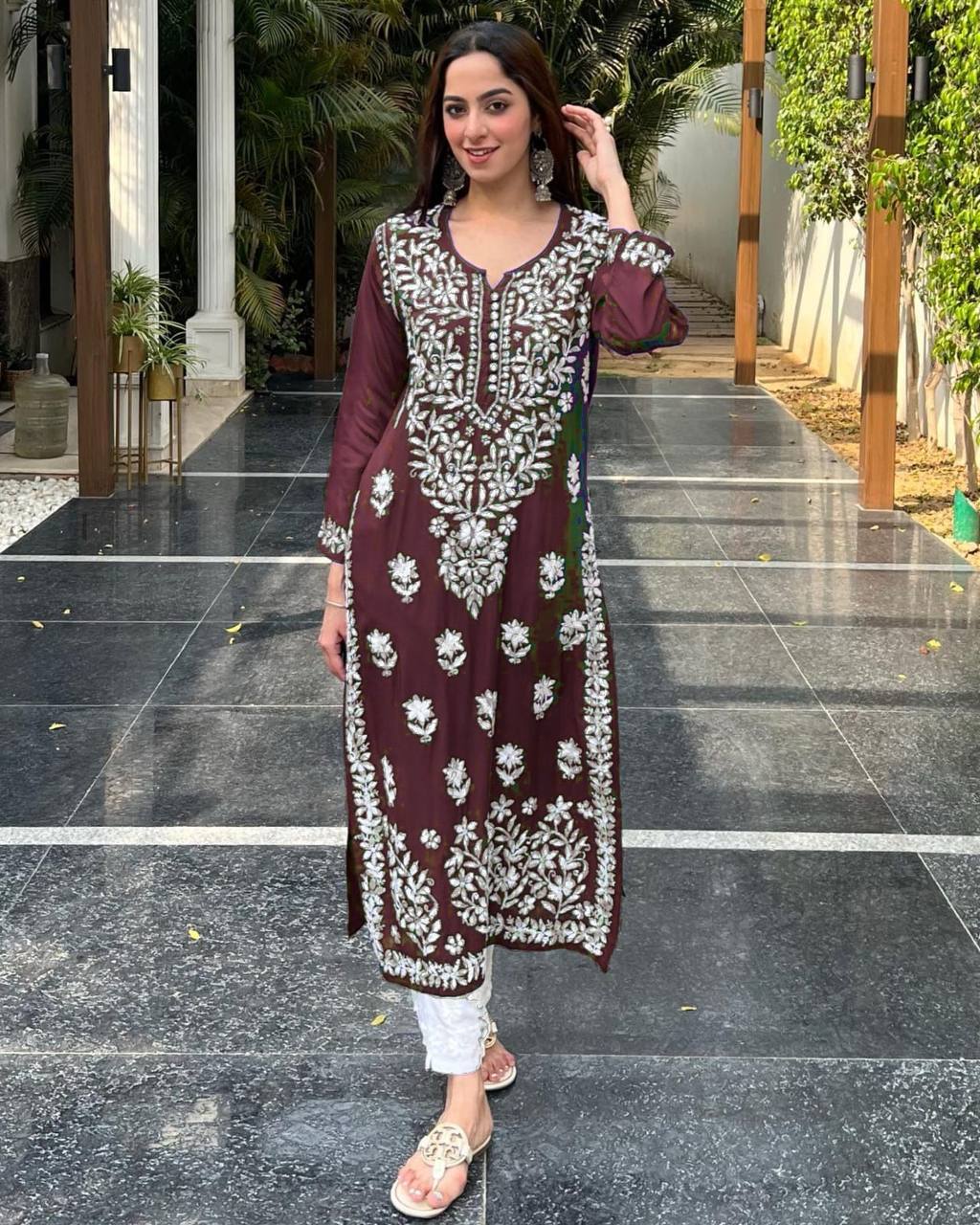 Wine Color Rayon Cotton Embroidered Ethnic Kurta Pant Set