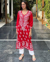 Load image into Gallery viewer, Red Rayon Cotton Embroidered Kurta Pant Set
